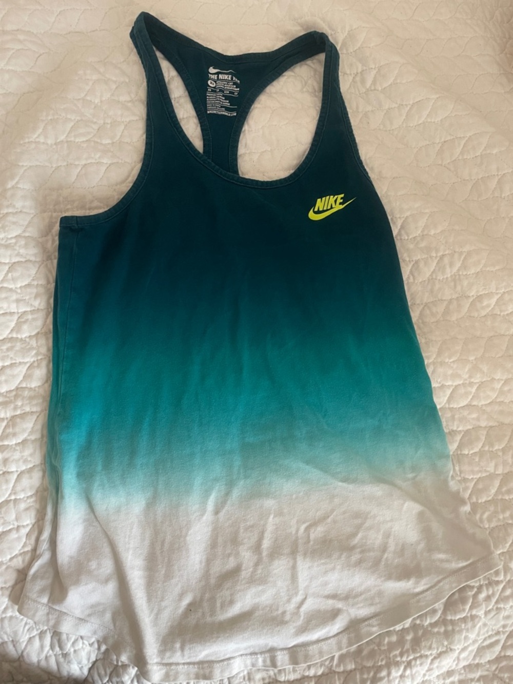 Nike Teal Ombre Racerback Swim Tank with Neon Yellow Logo